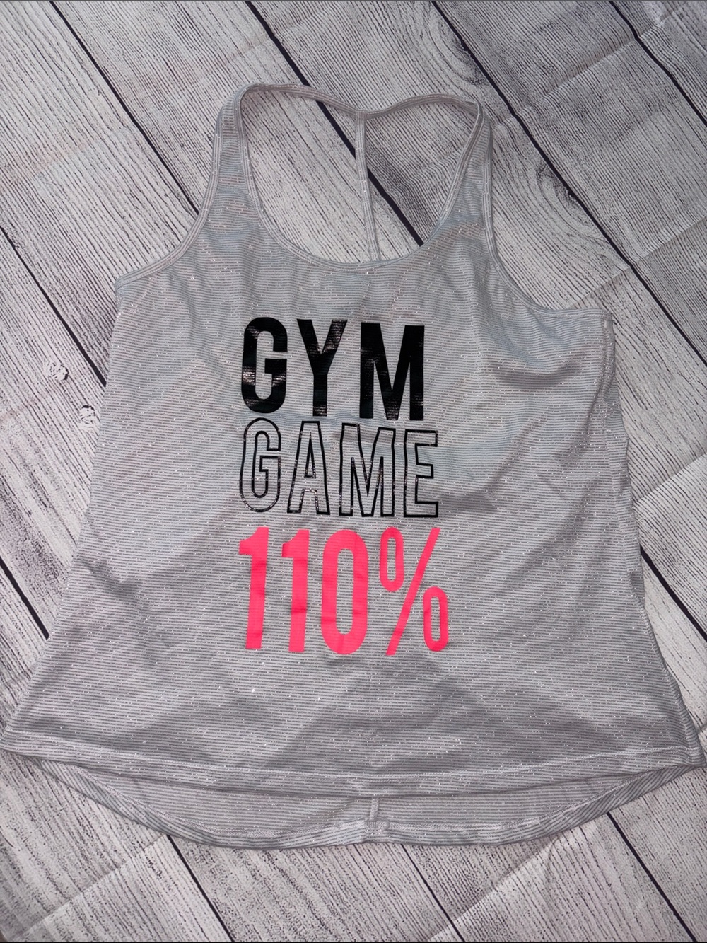 Material girl, metallic silver & White Strappy Tank Gym Game 110% Size XL